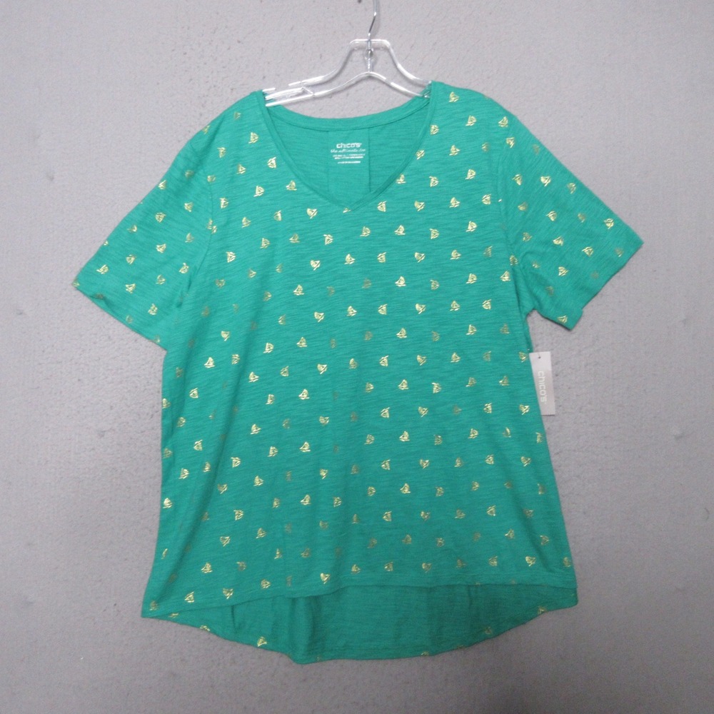 Chicos Ultimate Tee Top Green Boat Gold Print Tee Nautical Beach Coastal NWT